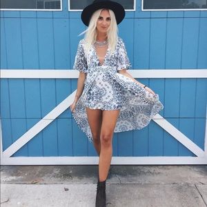 LF white blue pattern paisley high low romper maxi dress